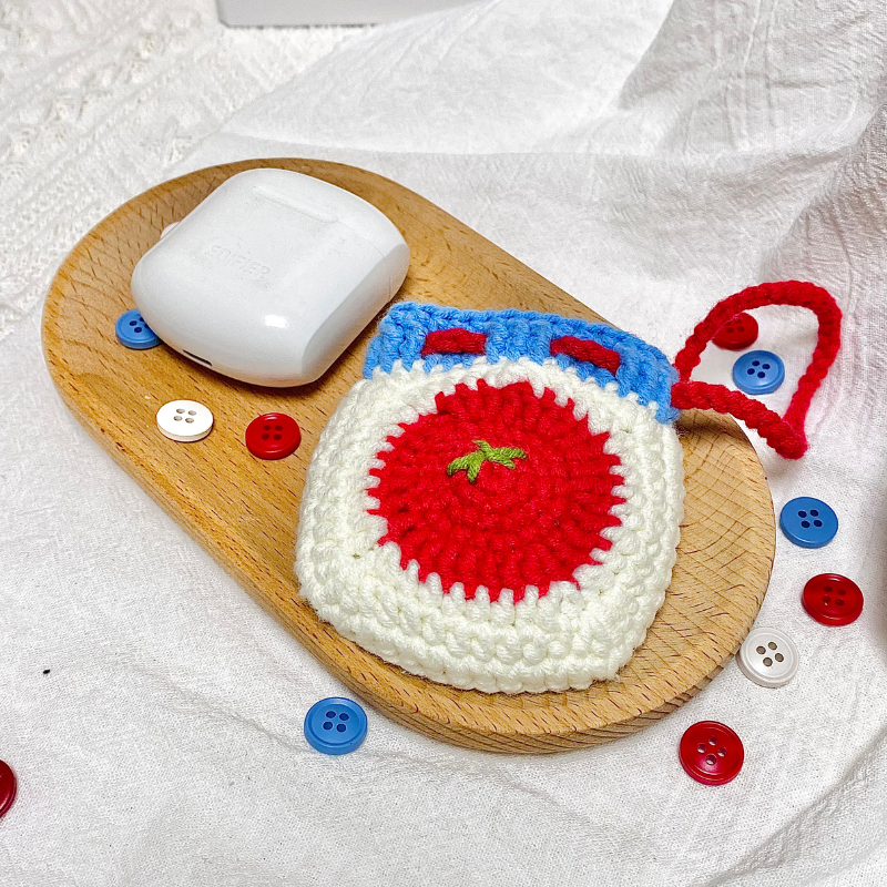 Crocheted red tomato Bluetooth earphone bag